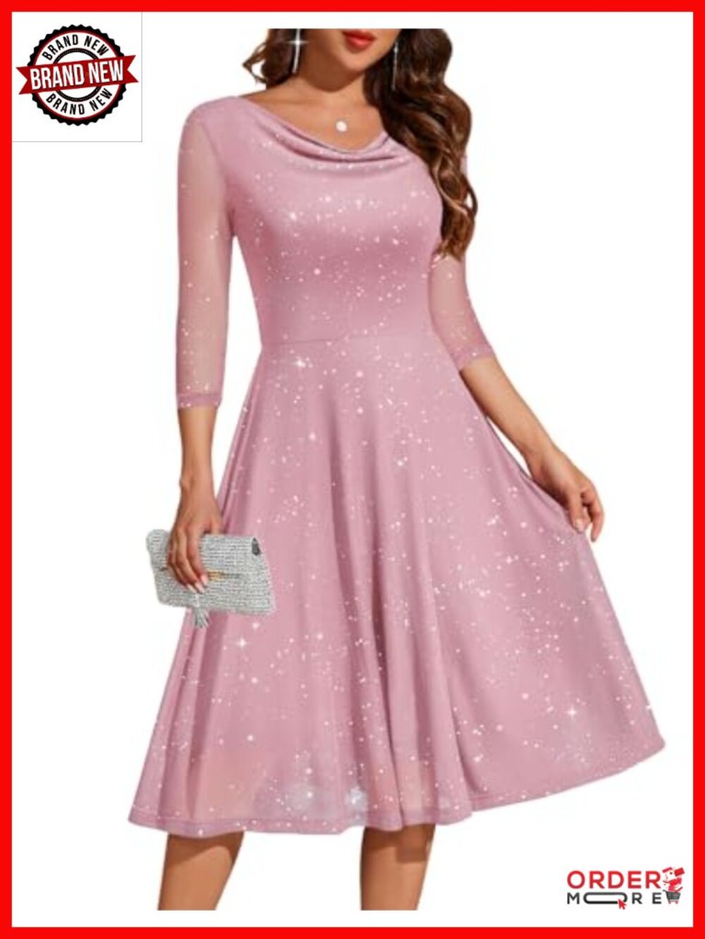 Sequin Sparkly Cowl Neck Midi A-Line Mesh Cocktail Dress